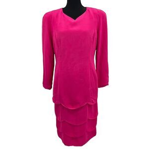 Vintage 80's‎ CH Carolina Herrera Silk Hot Pink Scalloped Layered Shift Dress 14